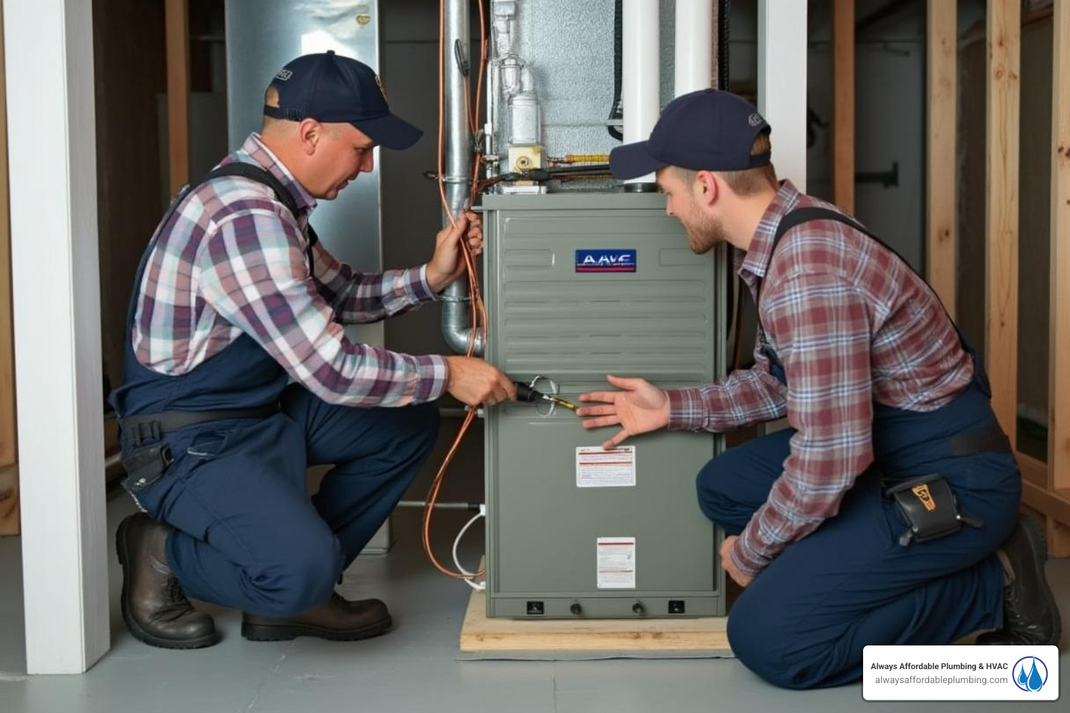 Technicians carefully installing a new furnace or air handler in a clean workspace, highlighting the precision and care involved in the HVAC replacement process - hvac replacement folsom