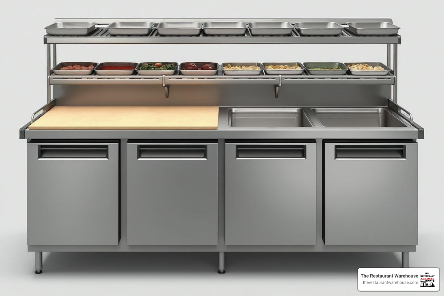 Pizza prep table with callouts pointing to the raised rail, cutting board, and base unit. - Pizza Prep Table