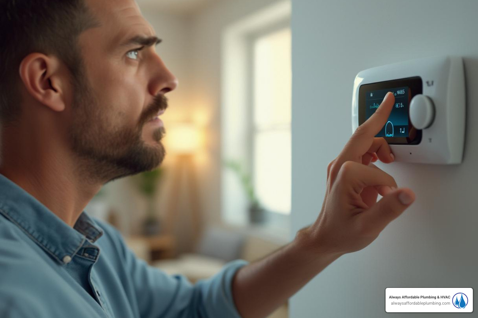 A homeowner checking their thermostat, looking concerned but ready to troubleshoot - AC blowing warm air
