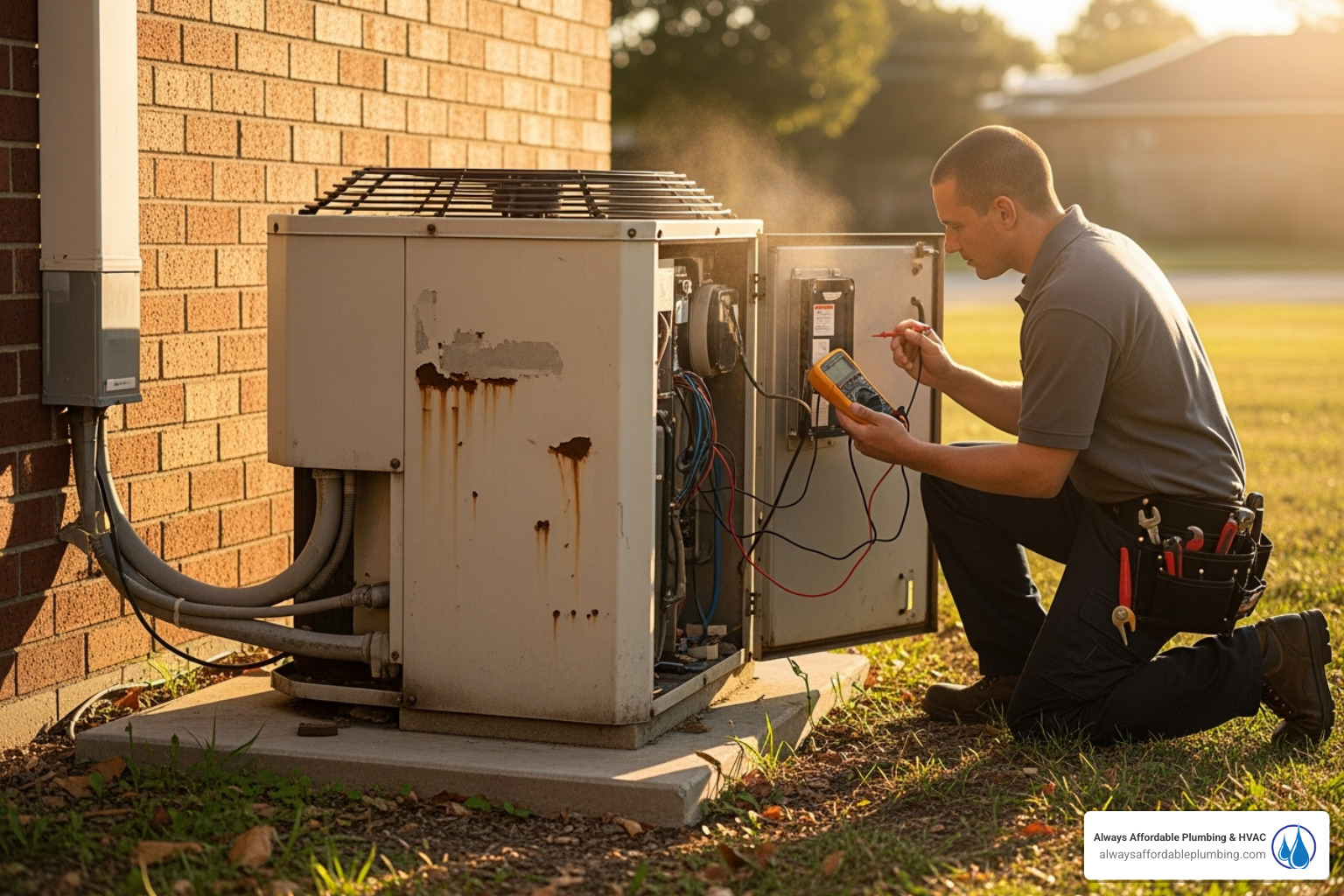Technician inspecting older outdoor AC unit - ac repair elk grove
