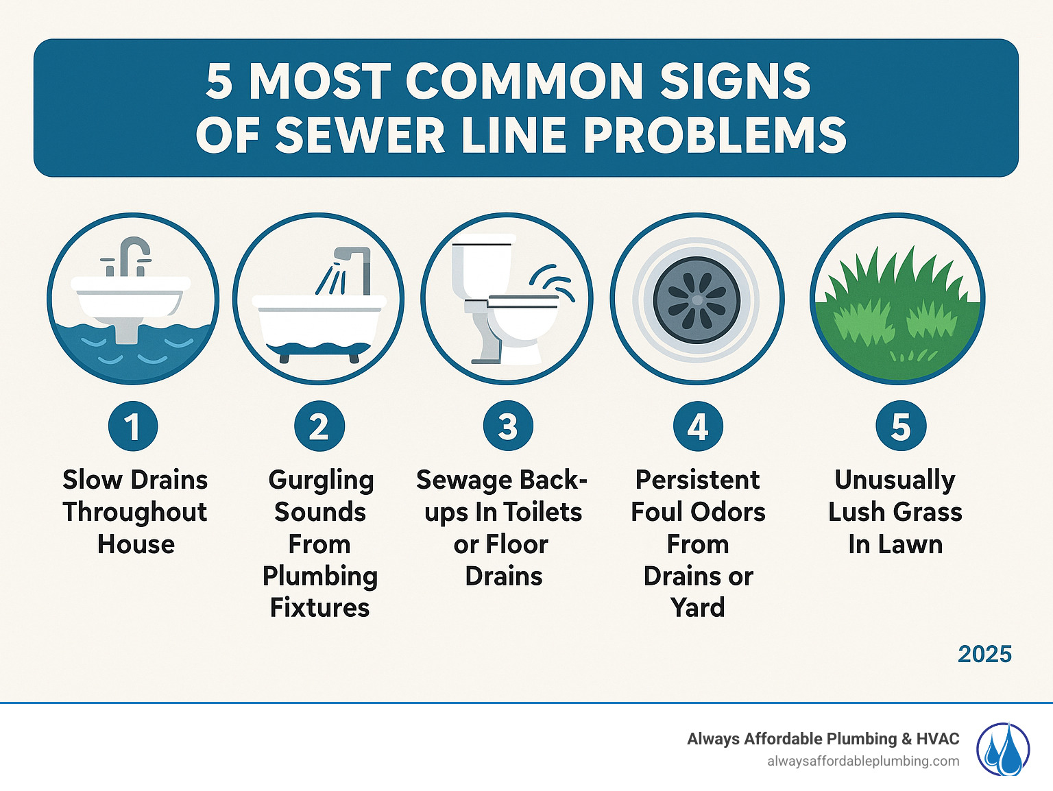 Infographic showing the 5 most common signs of sewer line problems: slow drains throughout the house, gurgling sounds from plumbing fixtures, sewage backups in toilets or floor drains, persistent foul odors from drains or yard, and unusually lush green patches of grass in the lawn indicating underground leaks - sewer line repair elk grove infographic 