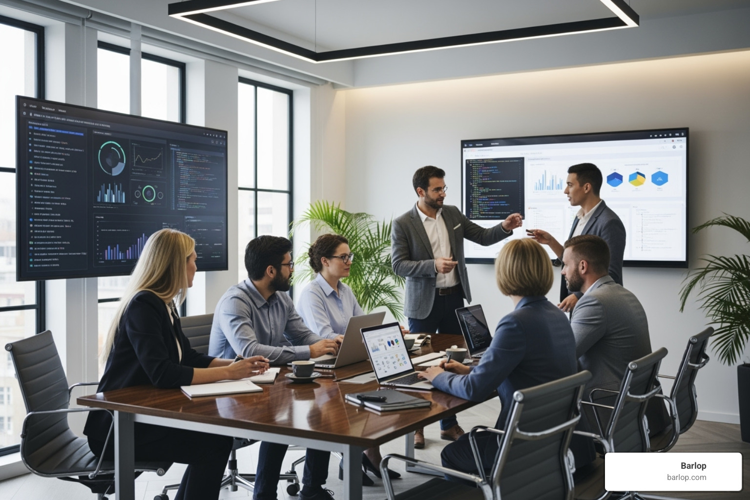 A diverse team collaborating effectively in a high-tech meeting room, symbolizing the benefits of expert IT partnership - business it support service companies miami