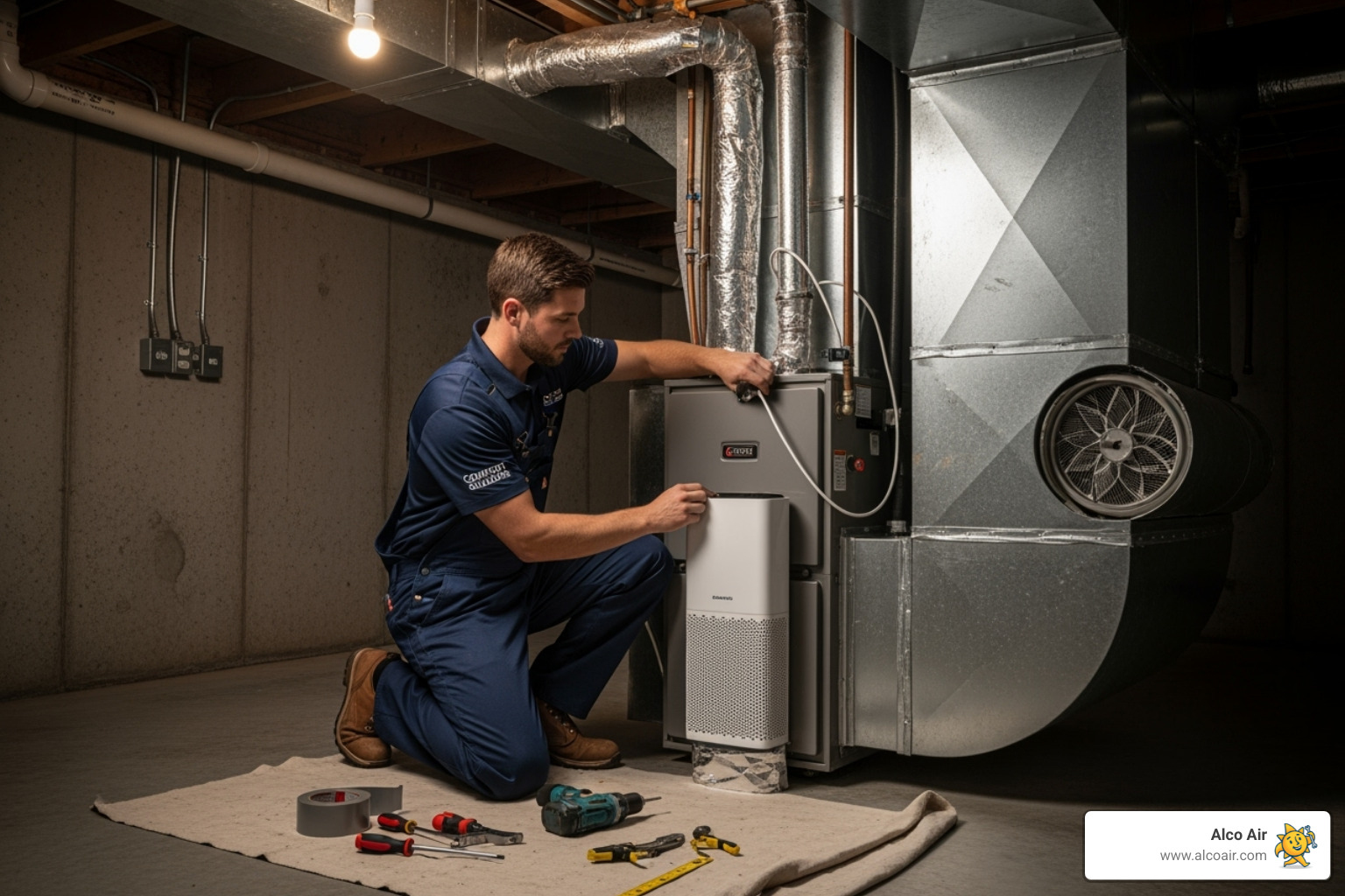 a technician installing a whole-home air purifier - indoor air quality services longview tx a technician installing a whole-home air purifier - indoor air quality services longview tx