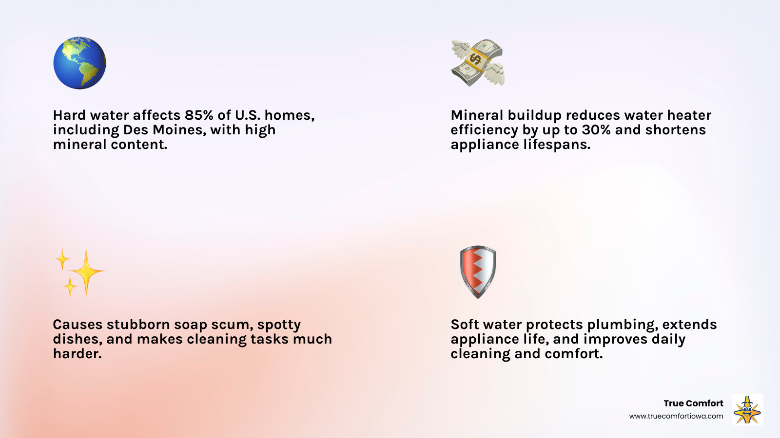 Comprehensive infographic showing hard water's effects on home plumbing systems, appliances like water heaters and dishwashers, with mineral buildup illustrations, plus benefits of soft water including reduced scale, longer appliance life, and improved cleaning results - water softener systems des moines des moines ia infographic 4_facts_emoji_light-gradient