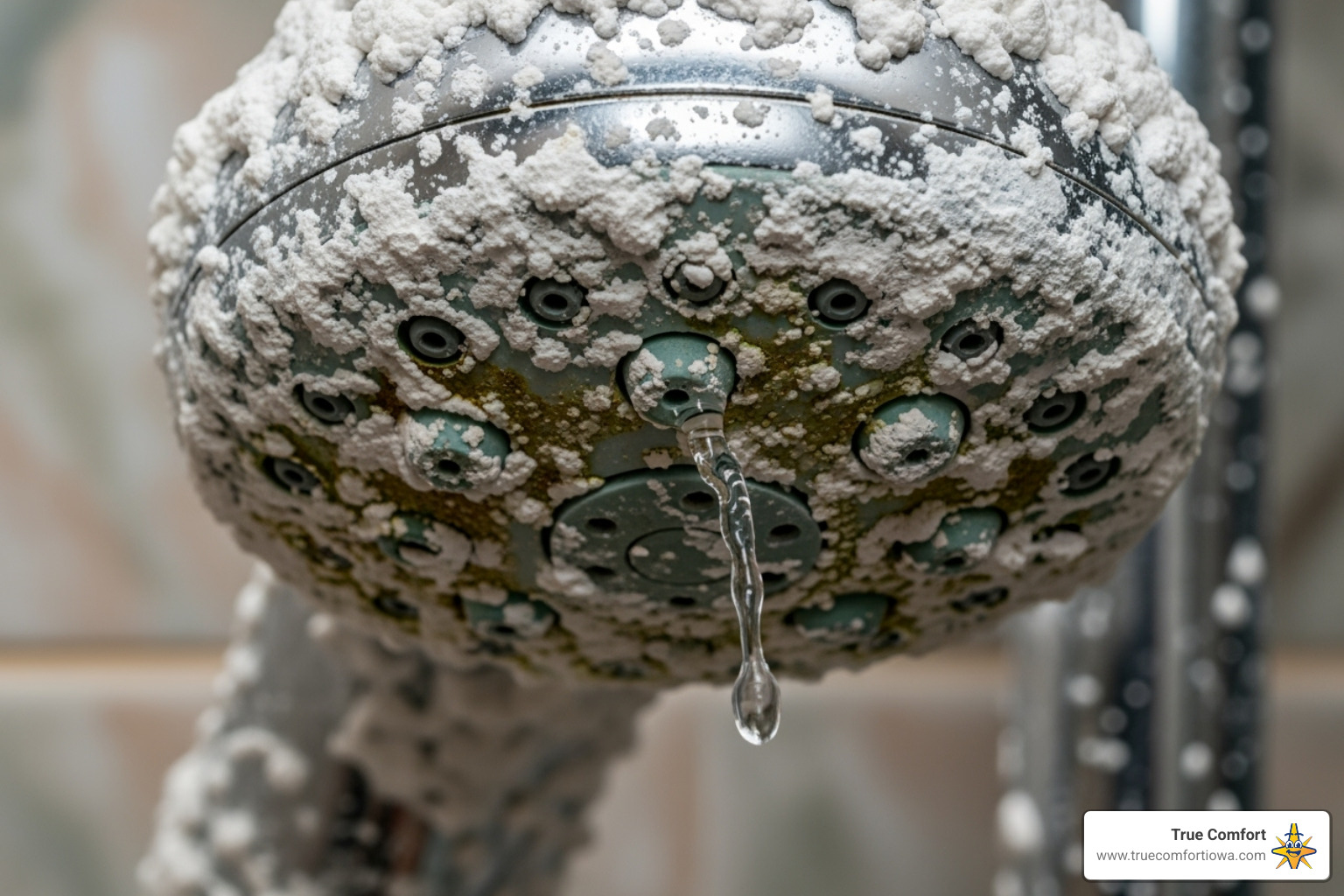 A showerhead heavily clogged with limescale and mineral deposits, showing reduced water flow. - water softener systems des moines des moines ia