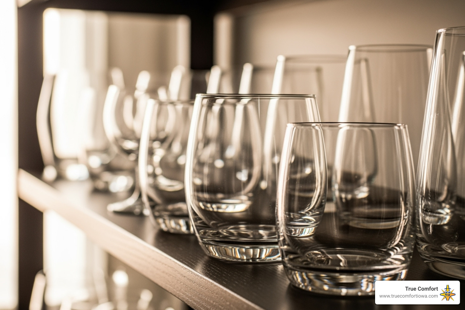 Spotless, crystal-clear glassware arranged neatly after being washed in a dishwasher, reflecting light beautifully. - water softener systems des moines des moines ia