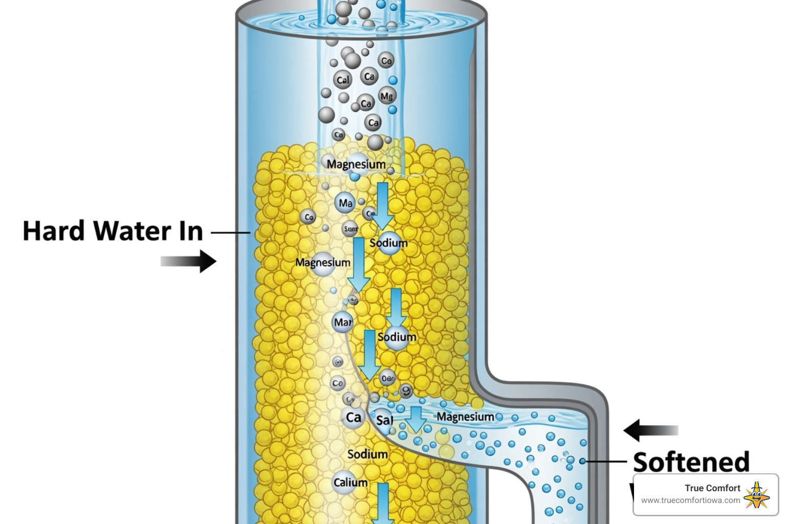 A diagram illustrating the ion exchange process in a water softener, showing hard water entering, calcium and magnesium ions being exchanged with sodium ions on resin beads, and softened water exiting. - water softener systems des moines des moines ia