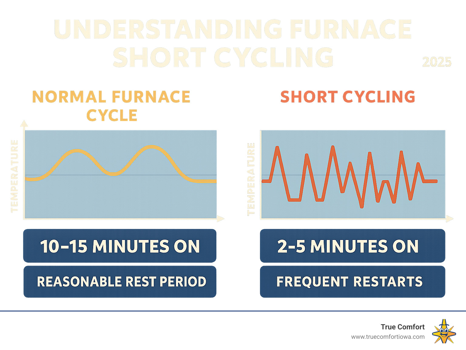 Infographic showing normal furnace cycle (10-15 minutes on, reasonable rest period) versus short cycling (2-5 minutes on, frequent restarts) with temperature graphs and timing comparisons - Furnace short cycling infographic 