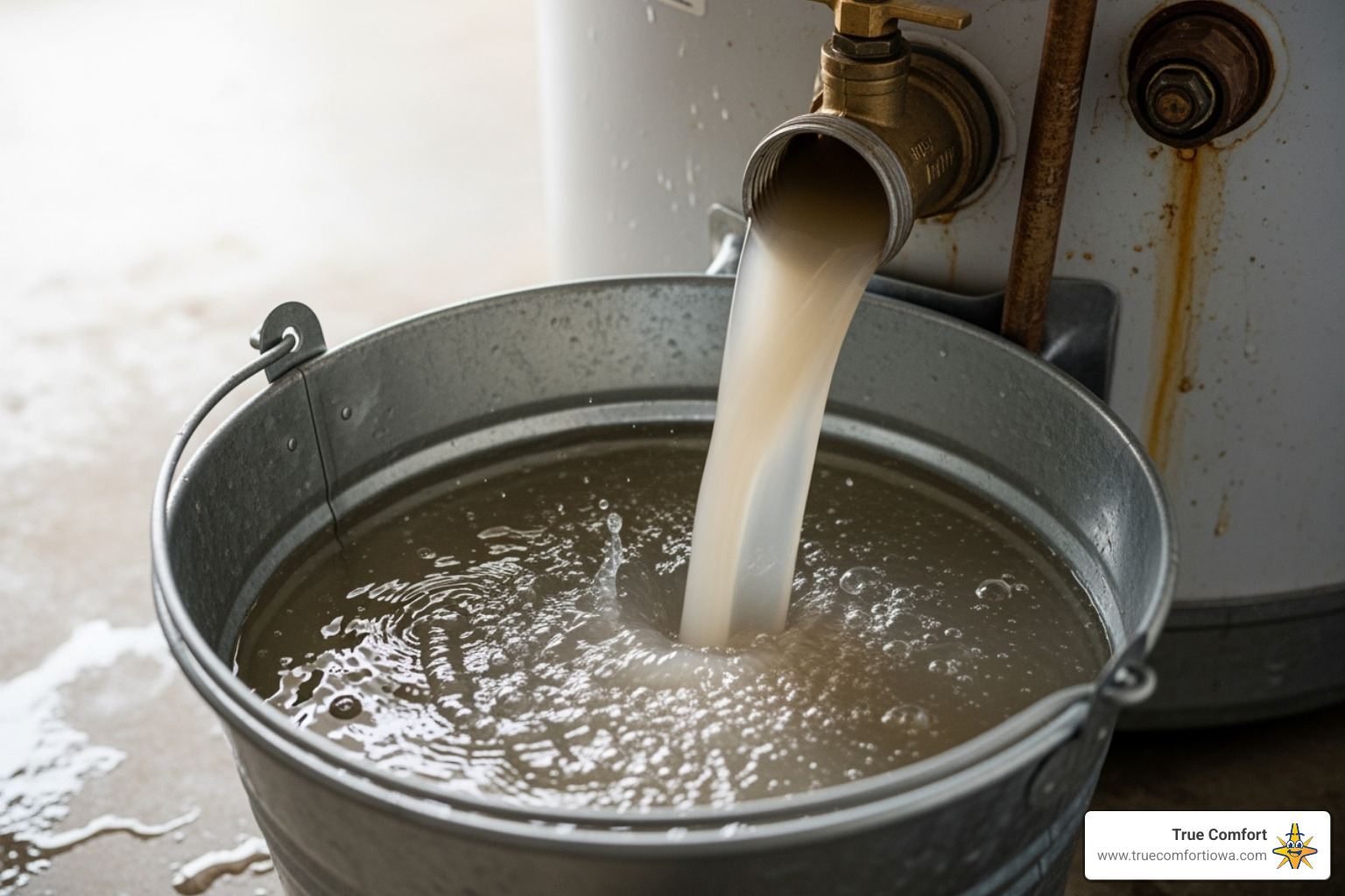 cloudy, sediment-filled water being drained from a water heater into a bucket - water heater flush service