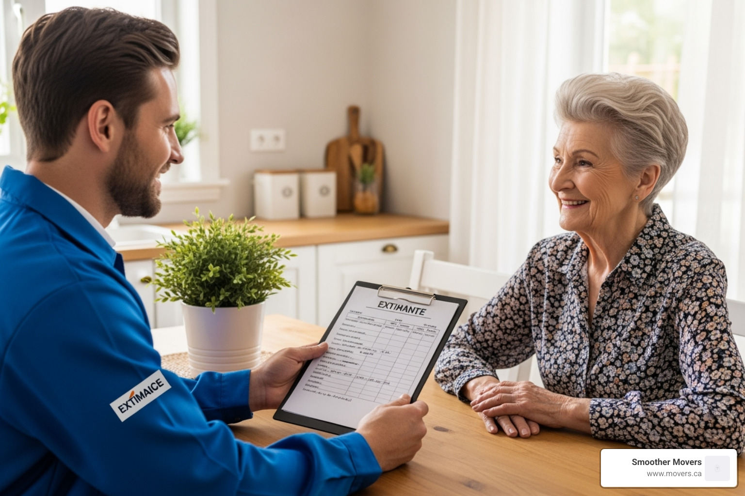 A friendly mover providing a written estimate to a senior - senior moving services A friendly mover providing a written estimate to a senior - senior moving services