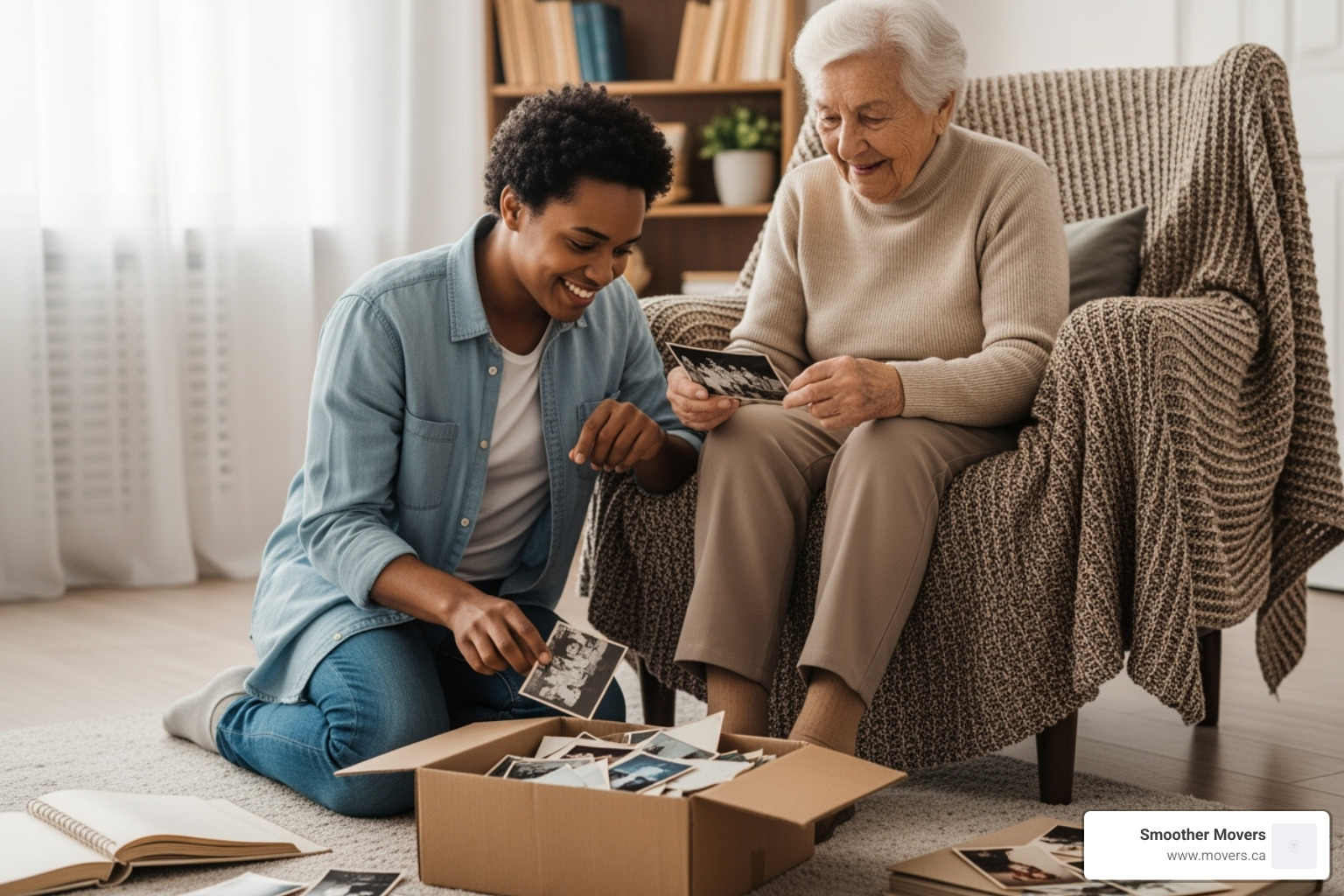 A family member compassionately helping a senior sort through old photos - senior moving services A family member compassionately helping a senior sort through old photos - senior moving services