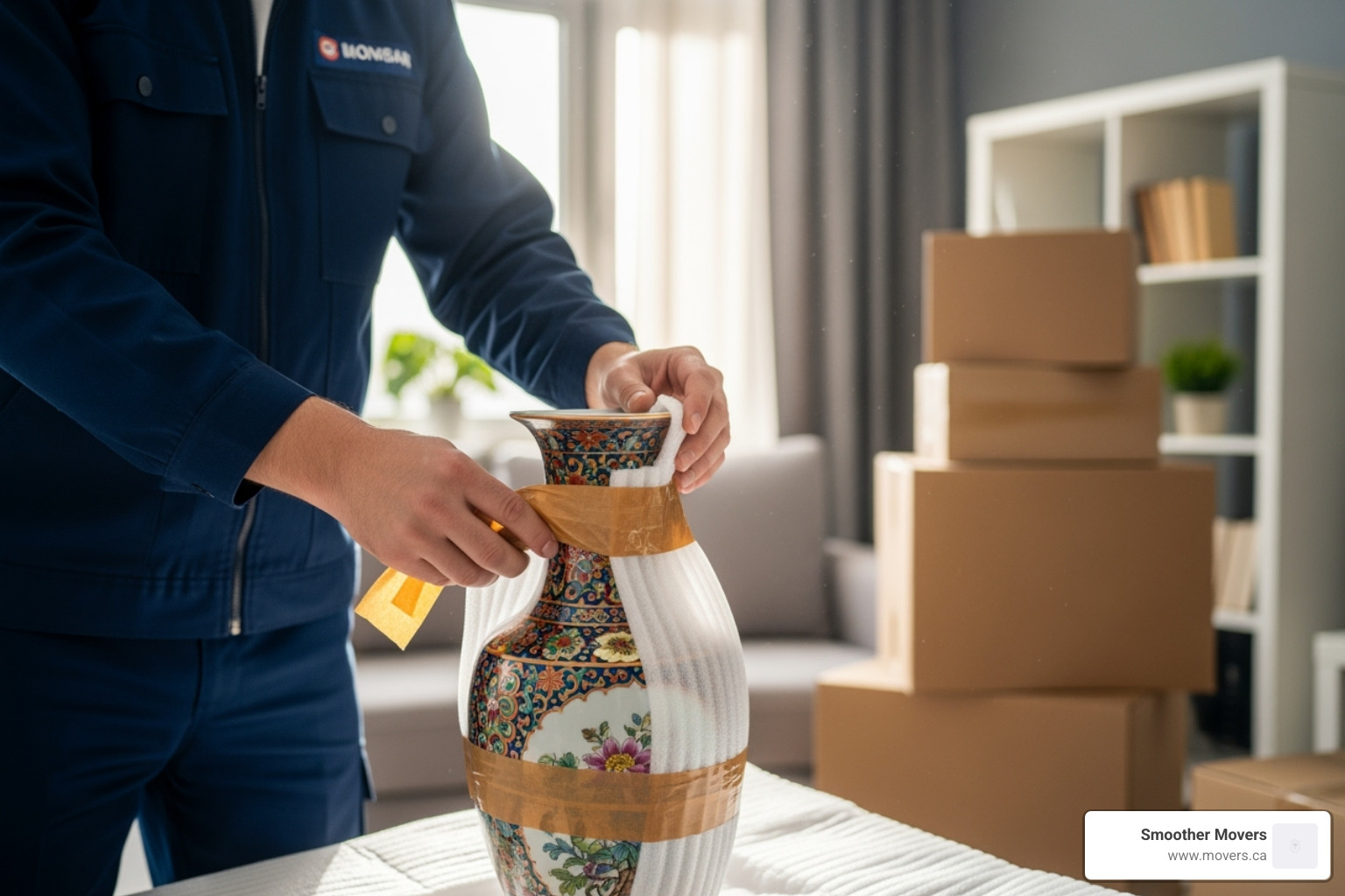 A mover carefully wrapping a delicate heirloom - senior moving services A mover carefully wrapping a delicate heirloom - senior moving services