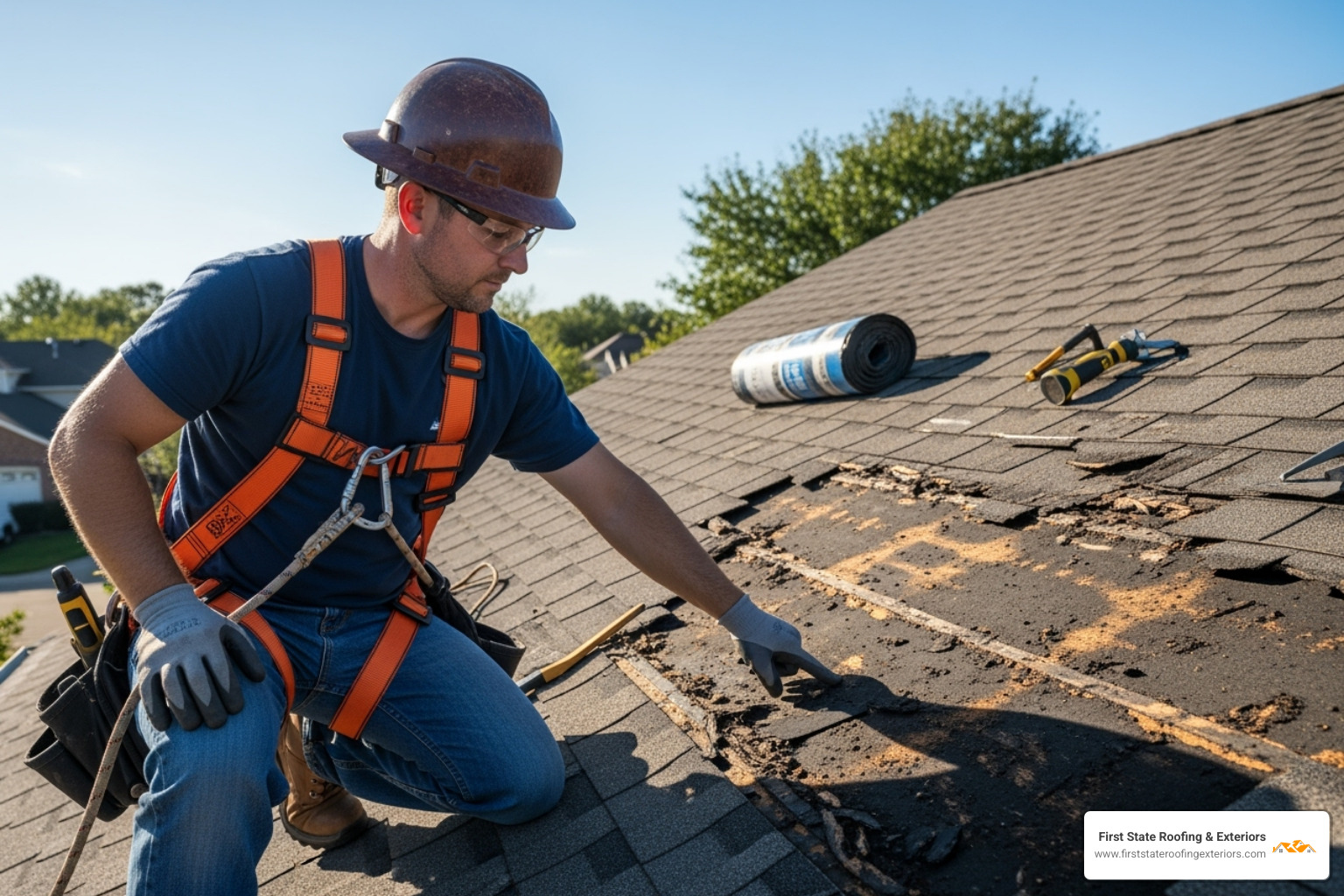 roofer inspecting rotted roof decking - average cost to tear off and replace roof