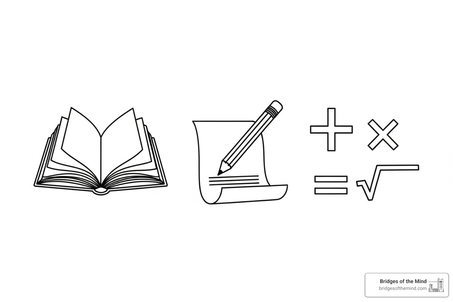 Icons representing reading, writing, and math skills - how to get evaluated for learning disability Icons representing reading, writing, and math skills - how to get evaluated for learning disability