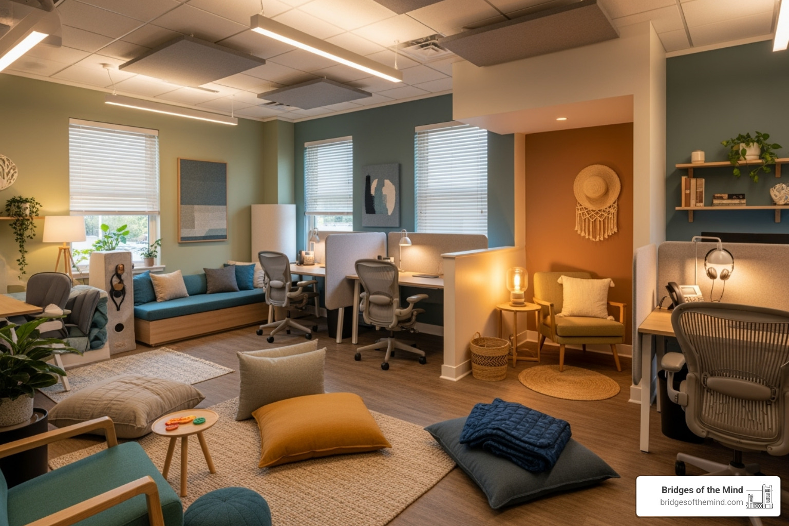 Bridges of the Mind office space, warm and inviting, representing a neurodiverse-affirmative approach - iee in special education Bridges of the Mind office space, warm and inviting, representing a neurodiverse-affirmative approach - iee in special education