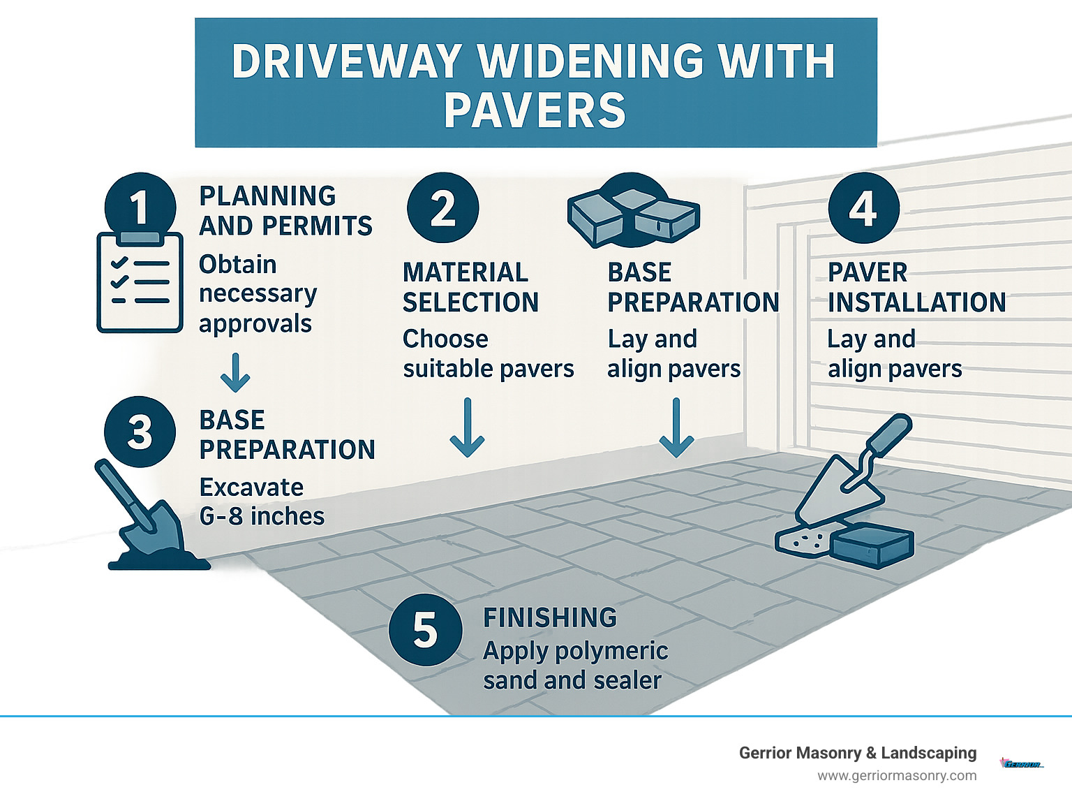 Comprehensive guide showing the 5 key steps of driveway widening with pavers: Planning and permits, Material selection, Base preparation with 6-8 inch excavation, Paver installation with proper alignment, and Finishing with polymeric sand and sealing - driveway widening with pavers infographic 