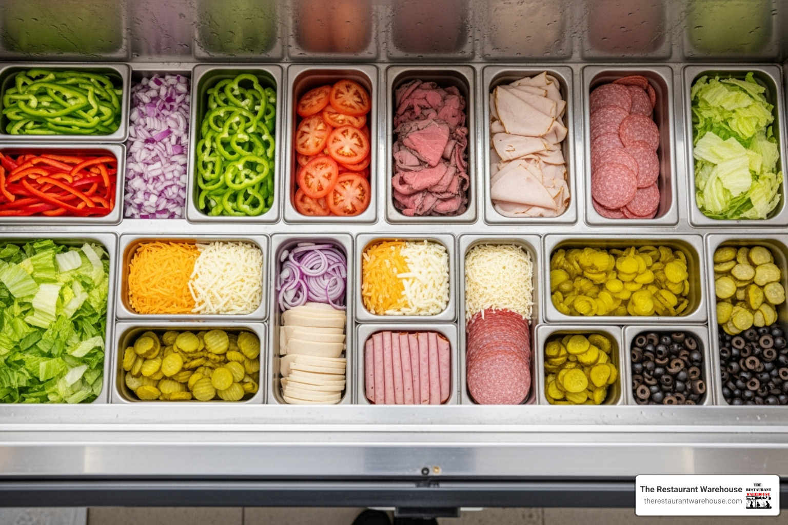 Top of a prep table filled with colorful, fresh ingredients in pans - 1 door refrigerated sandwich prep table