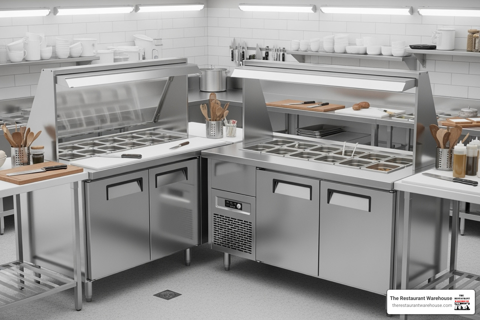 Comparing a standard top and a mega top prep table side-by-side - 1 door refrigerated sandwich prep table