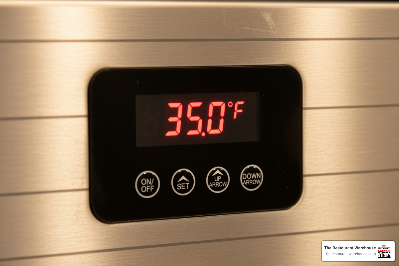 Close-up on digital temperature controller and stainless steel finish - 1 door refrigerated sandwich prep table