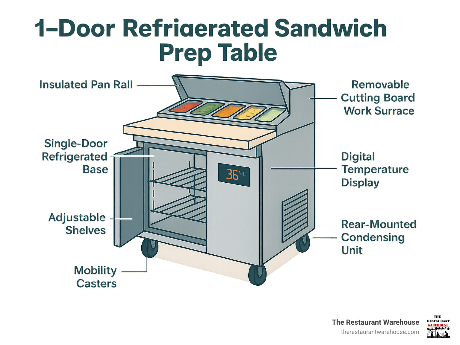 Detailed breakdown of 1-door refrigerated sandwich prep table components showing the insulated pan rail with food pans on top, removable cutting board work surface, single-door refrigerated base compartment with adjustable shelves, rear-mounted condensing unit, digital temperature display, and mobility casters - 1 door refrigerated sandwich prep table infographic 