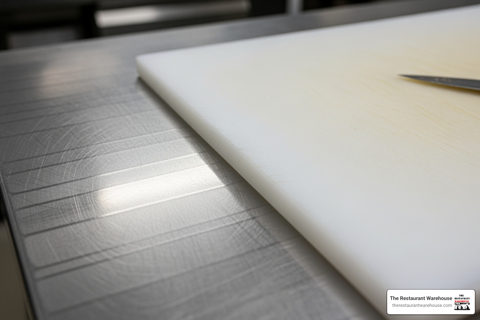 close-up on the durable stainless steel finish and a thick polyethylene cutting board - 72 inch pizza prep table