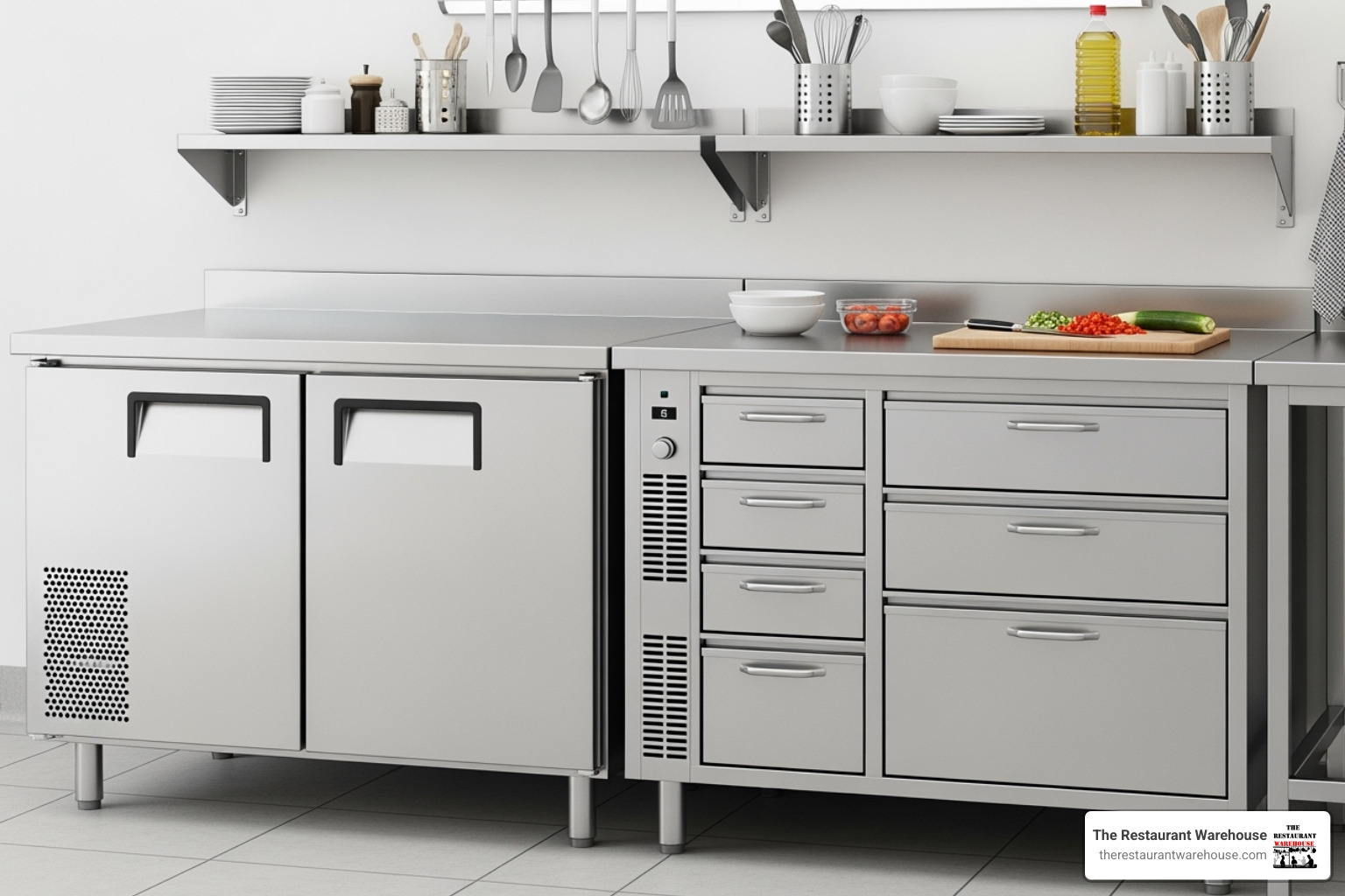 side-by-side visual comparison of a two-door prep table and a multi-drawer prep table - 72 inch pizza prep table