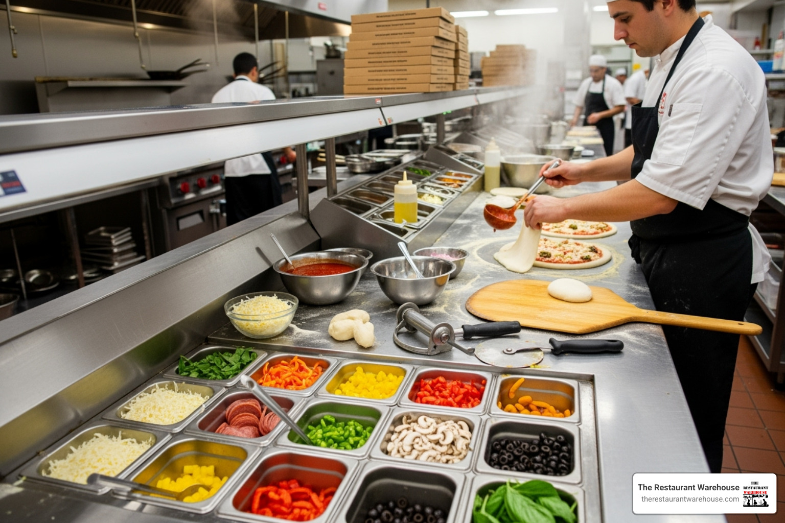 a chef working efficiently on a wide 72-inch prep table during a busy service - 72 inch pizza prep table
