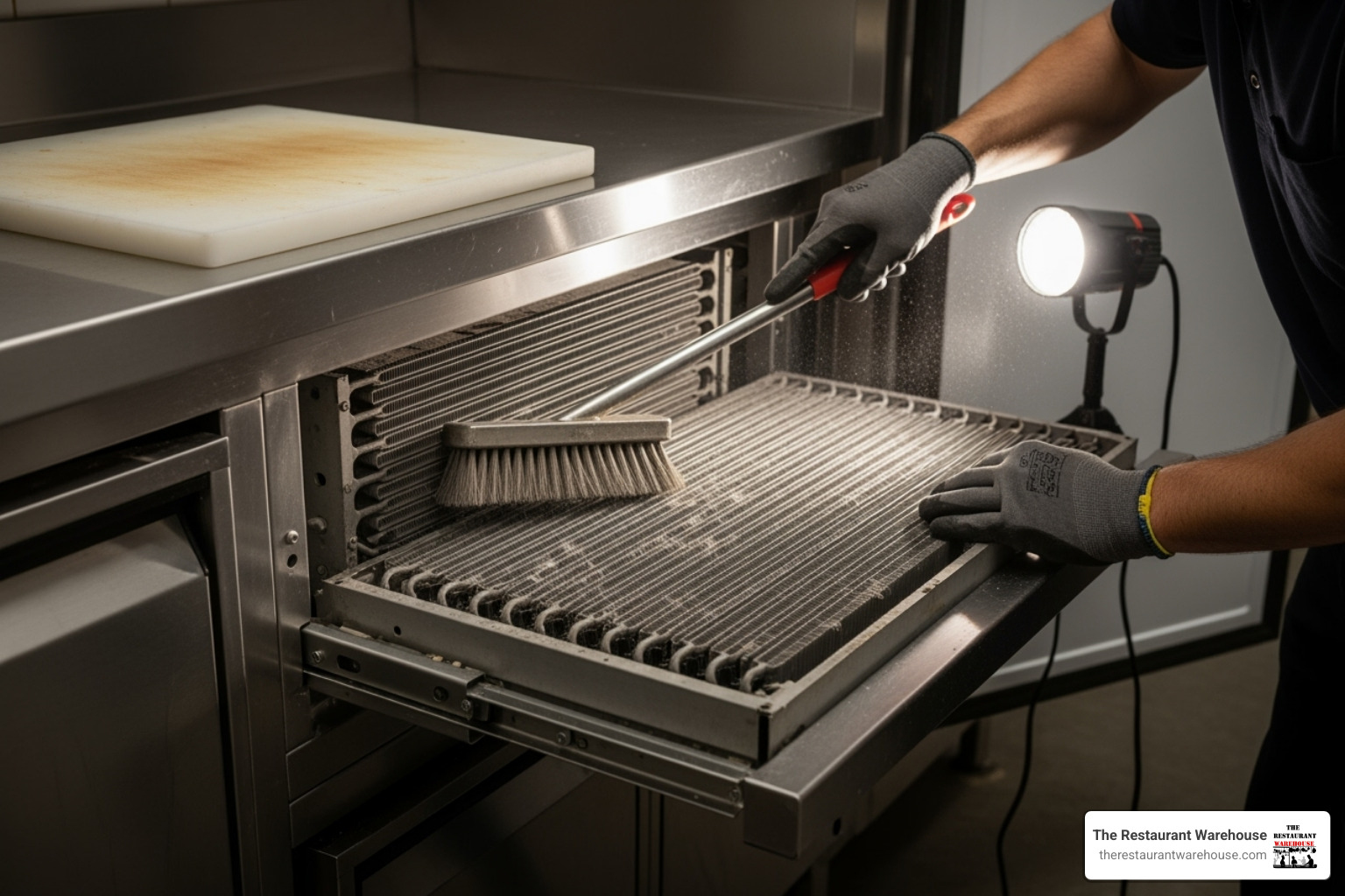 technician cleaning the condenser coils on a prep table refrigerator - prep table refrigerator used technician cleaning the condenser coils on a prep table refrigerator - prep table refrigerator used