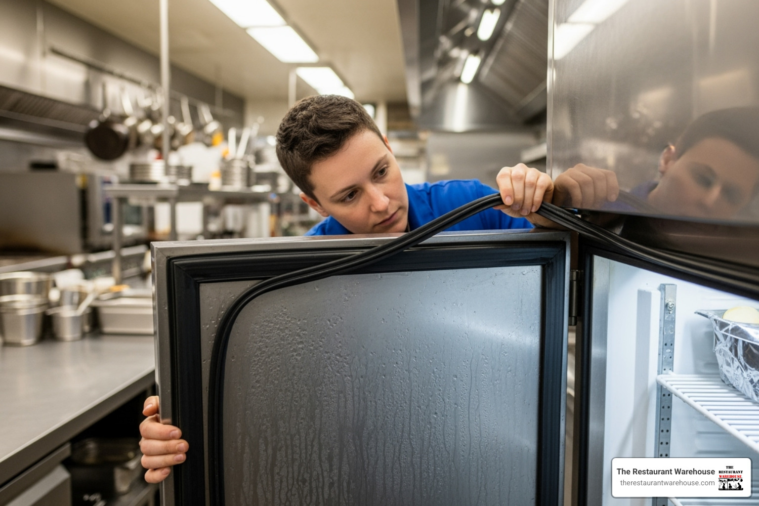 person inspecting the gaskets on a refrigerator door - prep table refrigerator used person inspecting the gaskets on a refrigerator door - prep table refrigerator used
