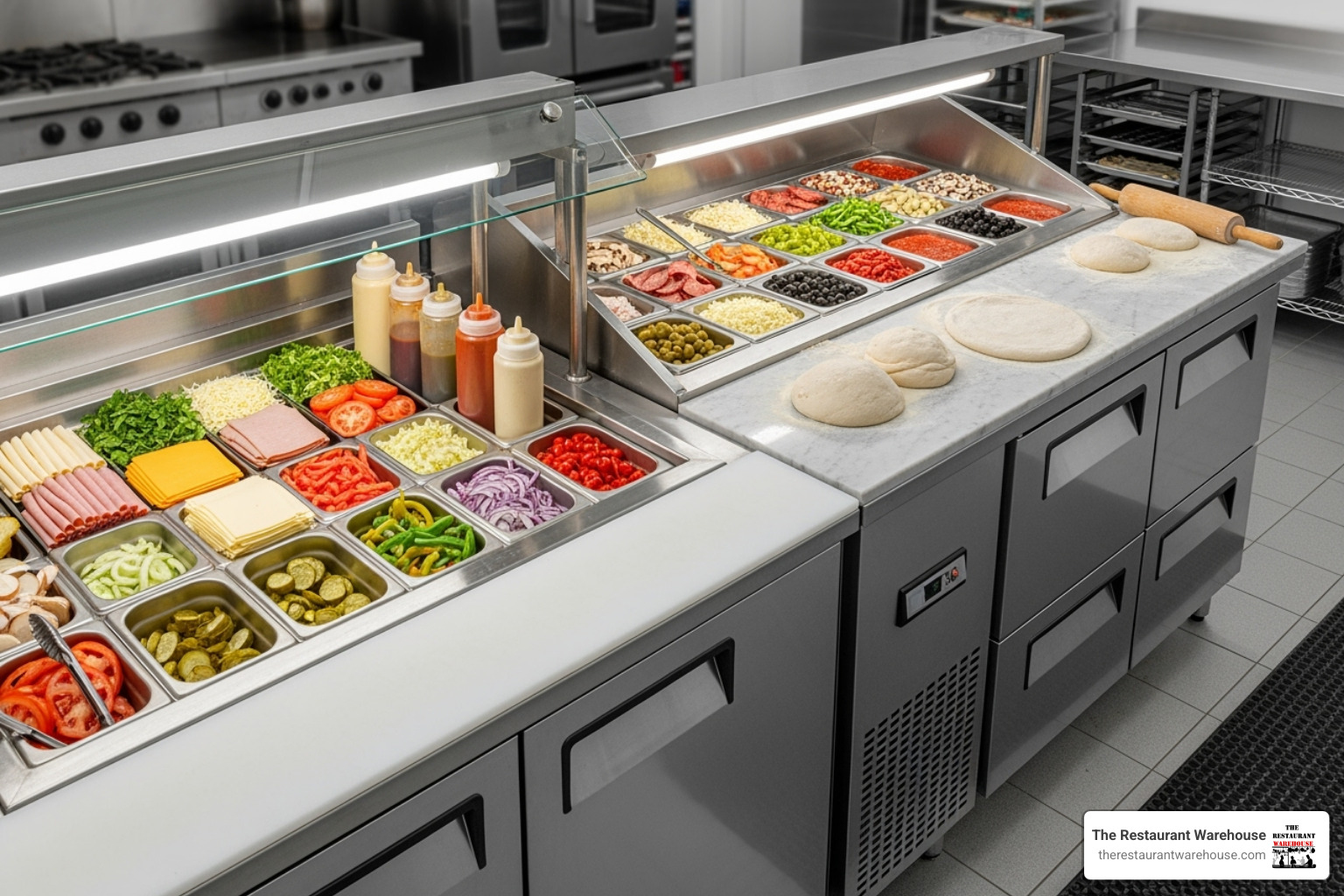 sandwich prep table, a pizza prep table, and a worktop refrigerator side-by-side - prep table refrigerator used sandwich prep table, a pizza prep table, and a worktop refrigerator side-by-side - prep table refrigerator used