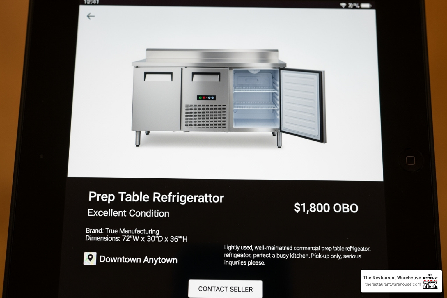 classified ad listing for restaurant equipment on a tablet screen - prep table refrigerator used classified ad listing for restaurant equipment on a tablet screen - prep table refrigerator used