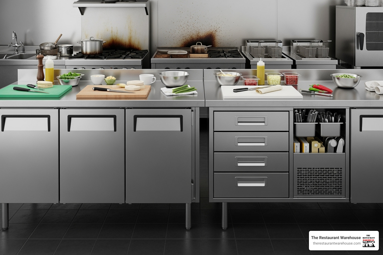 Comparison of a unit with doors to a unit with drawers side-by-side - Sandwich Prep Table Comparison of a unit with doors to a unit with drawers side-by-side - Sandwich Prep Table
