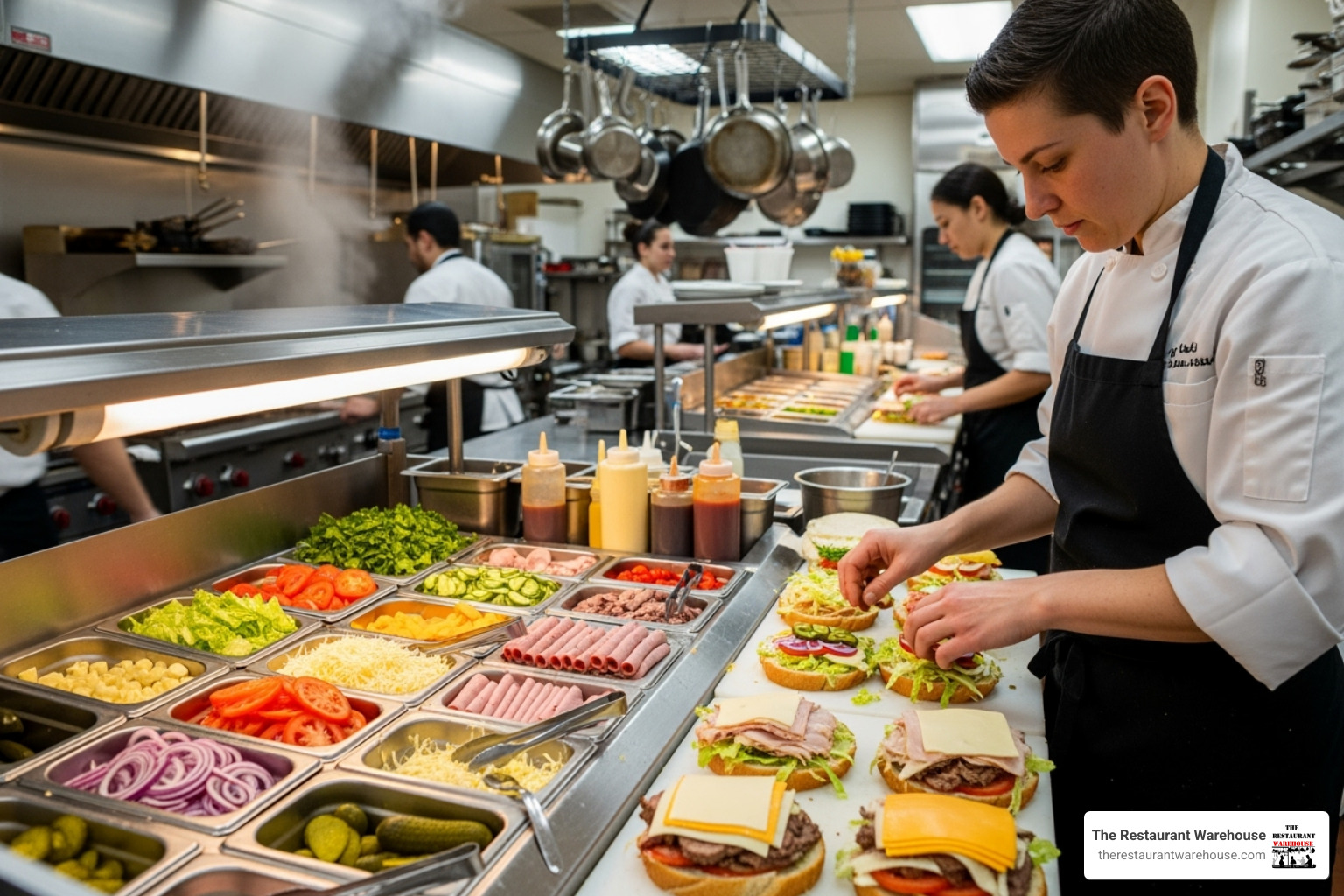 Chef assembling sandwiches - Sandwich Prep Table Chef assembling sandwiches - Sandwich Prep Table