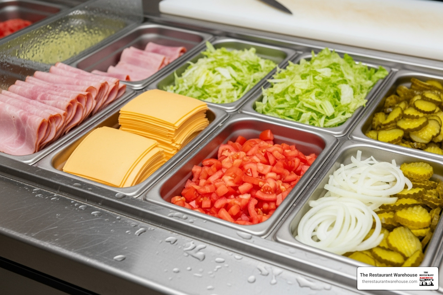 Detailed view of a prep table's top rail with various food pans - Sandwich Prep Table Detailed view of a prep table's top rail with various food pans - Sandwich Prep Table