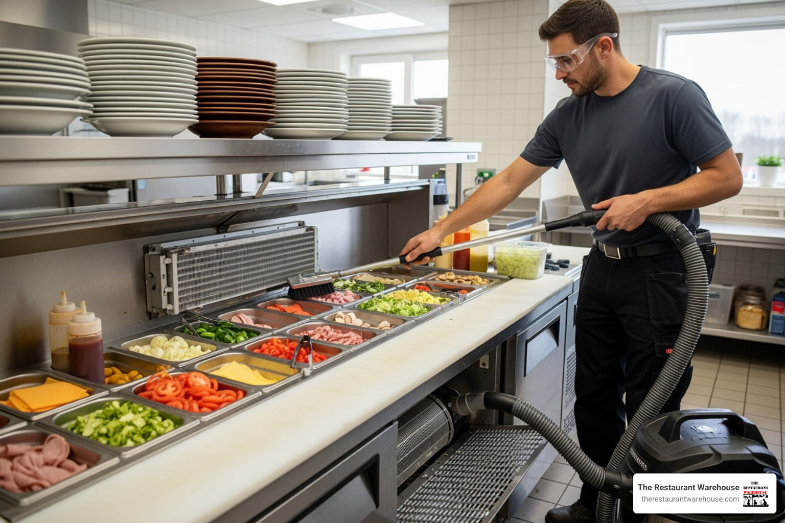 Technician cleaning the condenser coil on a sandwich prep table - Sandwich Prep Table Technician cleaning the condenser coil on a sandwich prep table - Sandwich Prep Table