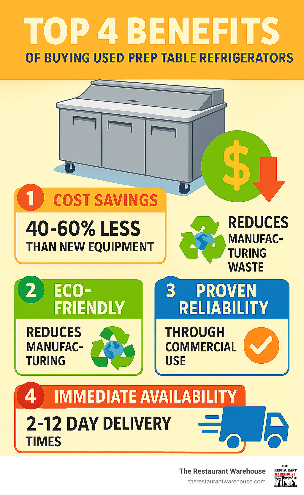 Infographic showing the top 4 benefits of buying used prep table refrigerators: 40-60% cost savings compared to new equipment, eco-friendly choice reducing manufacturing waste, proven reliability through previous commercial use, and immediate availability with 2-12 day delivery times - prep table refrigerator used infographic Infographic showing the top 4 benefits of buying used prep table refrigerators: 40-60% cost savings compared to new equipment, eco-friendly choice reducing manufacturing waste, proven reliability through previous commercial use, and immediate availability with 2-12 day delivery times - prep table refrigerator used infographic