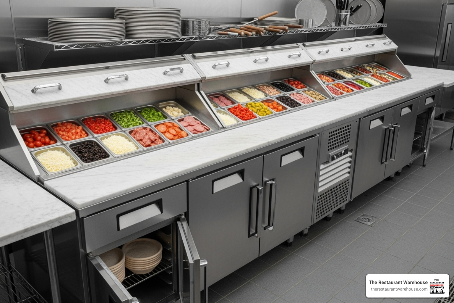 different sizes of pizza prep fridges side-by-side - pizza prep fridge