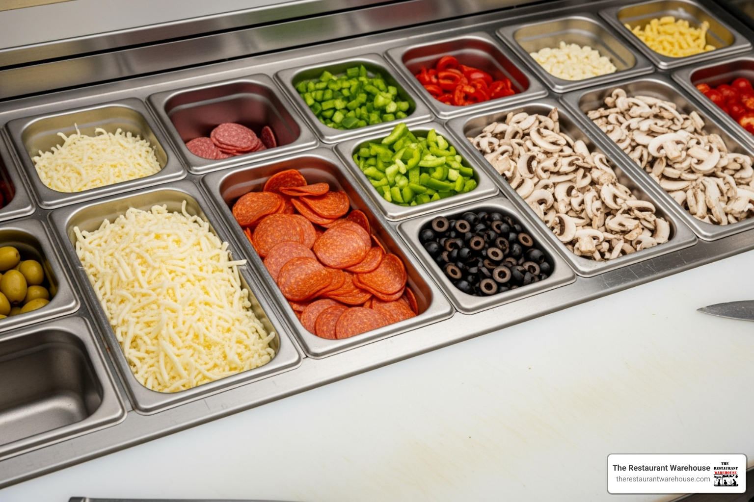 the top section of a pizza prep fridge showing organized ingredient pans - pizza prep fridge