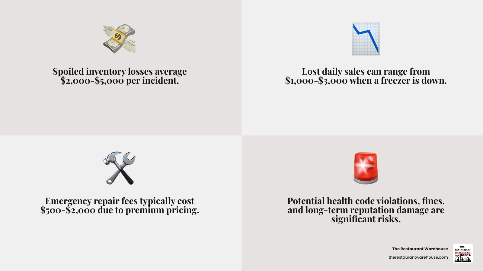Infographic showing the cascading costs of commercial freezer downtime, including immediate spoiled inventory losses averaging $2,000-5,000, lost daily sales of $1,000-3,000, emergency repair fees of $500-2,000, potential health code violations and fines, and long-term reputation damage affecting customer retention - Commercial freezer repair infographic 4_facts_emoji_grey Infographic showing the cascading costs of commercial freezer downtime, including immediate spoiled inventory losses averaging $2,000-5,000, lost daily sales of $1,000-3,000, emergency repair fees of $500-2,000, potential health code violations and fines, and long-term reputation damage affecting customer retention - Commercial freezer repair infographic 4_facts_emoji_grey