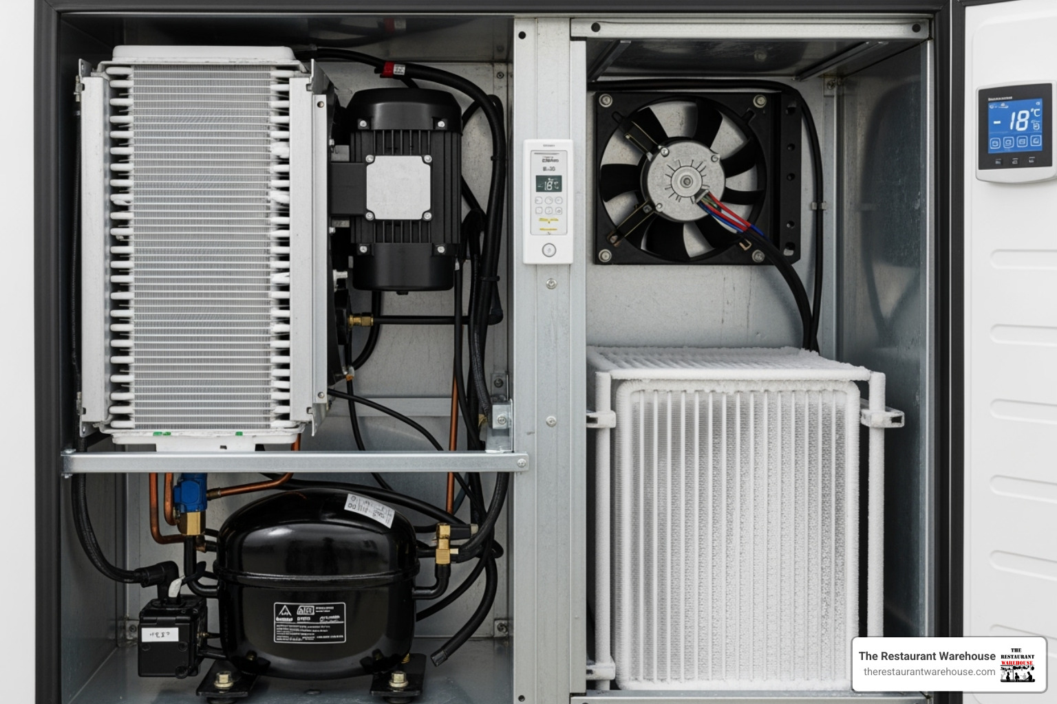 Key components of a commercial freezer, including the compressor, condenser coils, evaporator coils, fan motors, and thermostat, with labels indicating their functions - Commercial freezer repair Key components of a commercial freezer, including the compressor, condenser coils, evaporator coils, fan motors, and thermostat, with labels indicating their functions - Commercial freezer repair