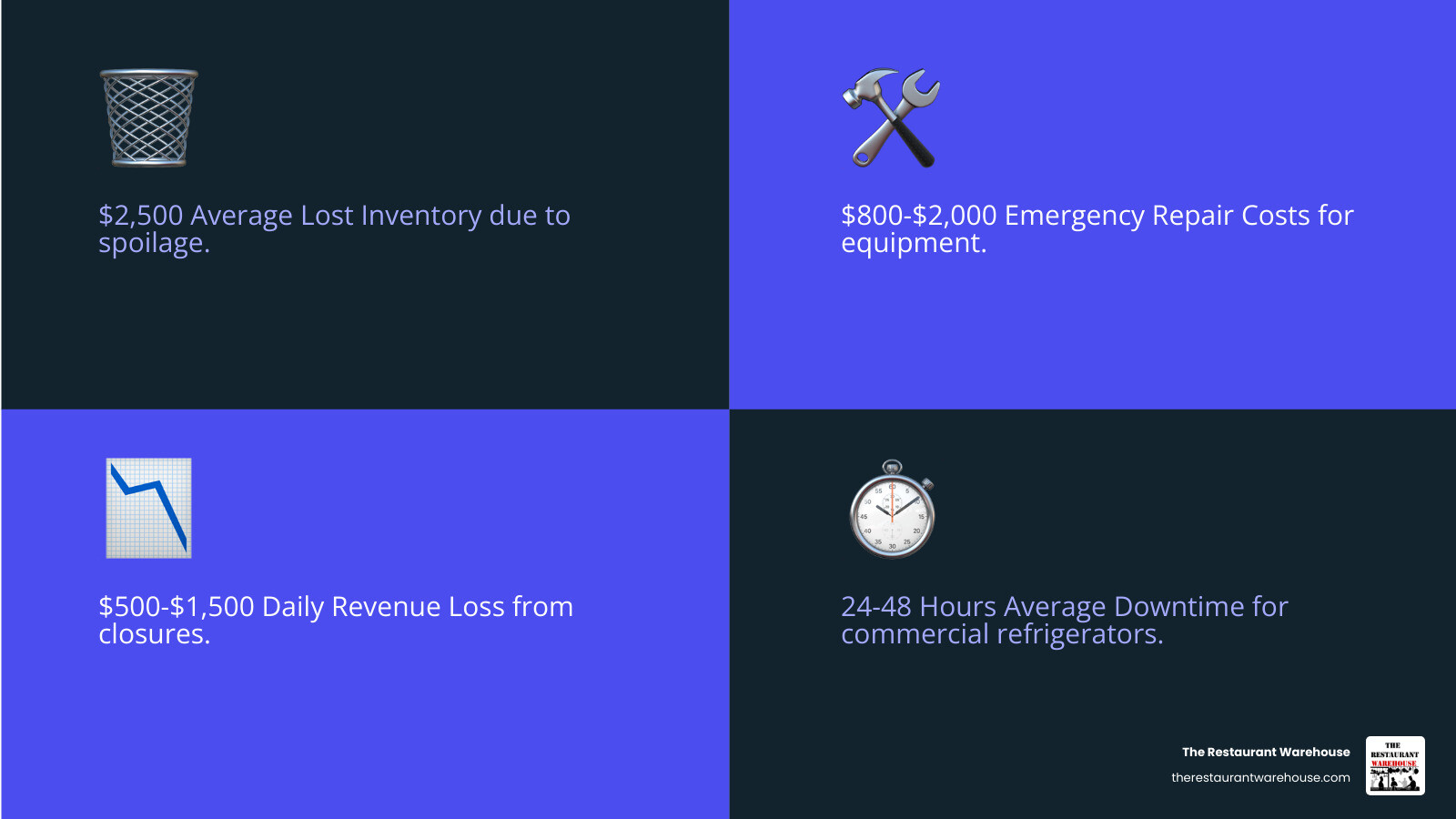 Infographic showing the financial impact of commercial refrigerator failure including $2,500 average lost inventory, $800-2,000 emergency repair costs, $500-1,500 daily revenue loss, and 24-48 hours average downtime, with steps to minimize impact through proper parts identification and quick ordering - atosa parts infographic 4_facts_emoji_blue