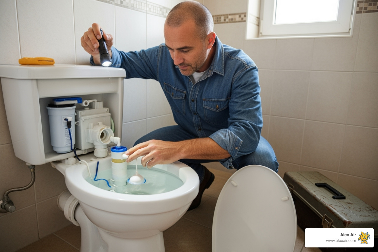 plumber inspecting toilet tank - toilet repair Omaha plumber inspecting toilet tank - toilet repair Omaha