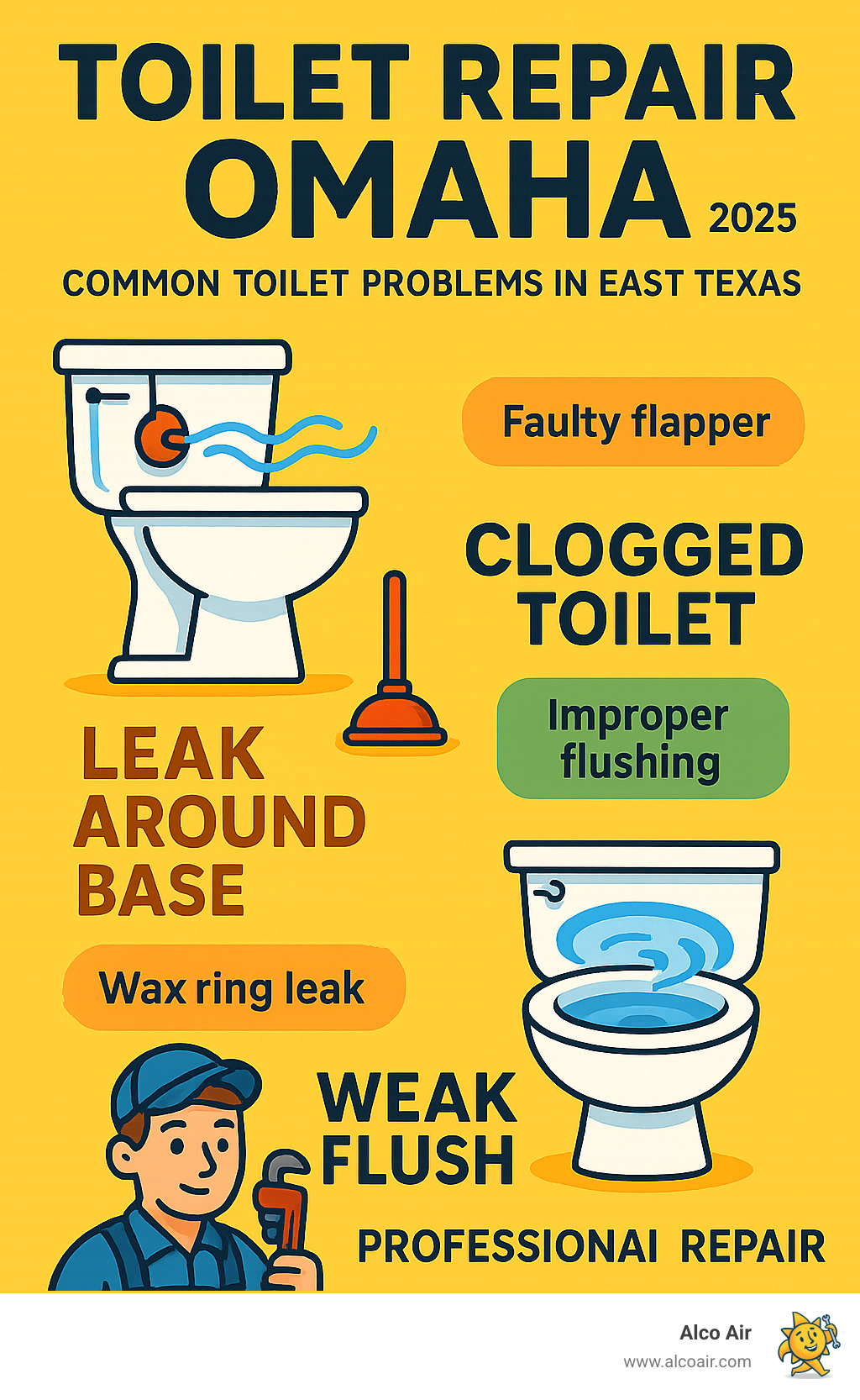 Comprehensive infographic showing the most common toilet problems in East Texas including running toilets caused by faulty flappers, clogs from improper flushing habits, wax ring leaks creating water damage, weak flushes from mineral buildup, and gurgling sounds indicating ventilation issues, with professional repair solutions for each problem - toilet repair Omaha infographic Comprehensive infographic showing the most common toilet problems in East Texas including running toilets caused by faulty flappers, clogs from improper flushing habits, wax ring leaks creating water damage, weak flushes from mineral buildup, and gurgling sounds indicating ventilation issues, with professional repair solutions for each problem - toilet repair Omaha infographic