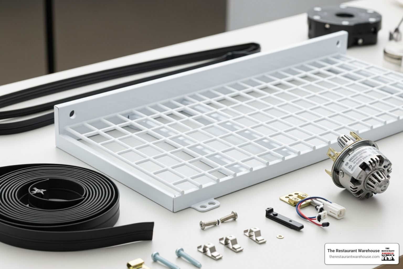 of various Atosa replacement parts laid out, like shelves, gaskets, and a thermostat - atosa mbf8005 parts