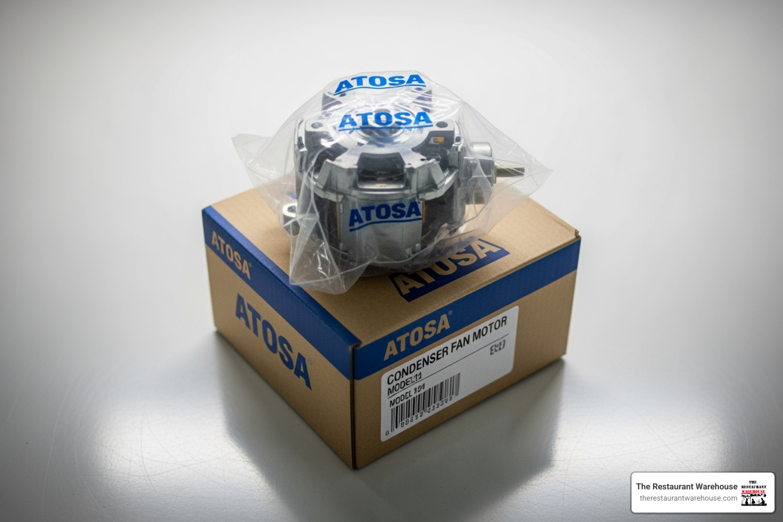 Image of a genuine OEM Atosa motor in its packaging - atosa condenser fan motor