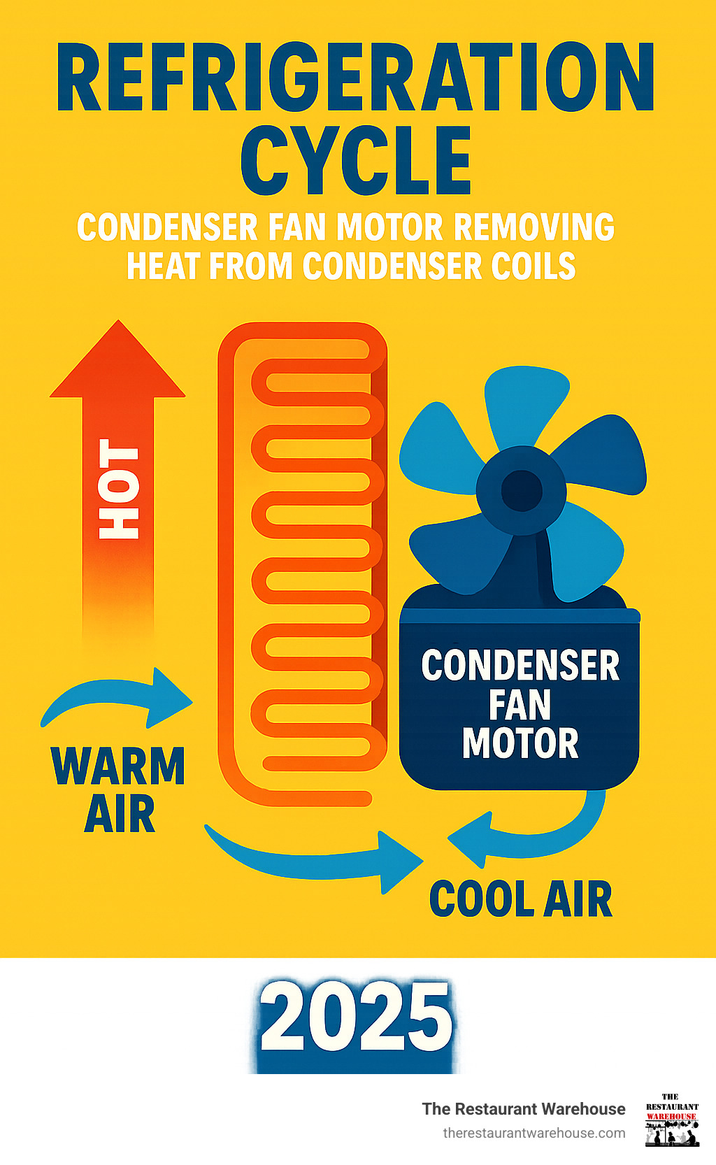 Infographic showing refrigeration cycle with condenser fan motor removing heat from condenser coils, including airflow direction and temperature changes throughout the cooling process - atosa condenser fan motor infographic 
