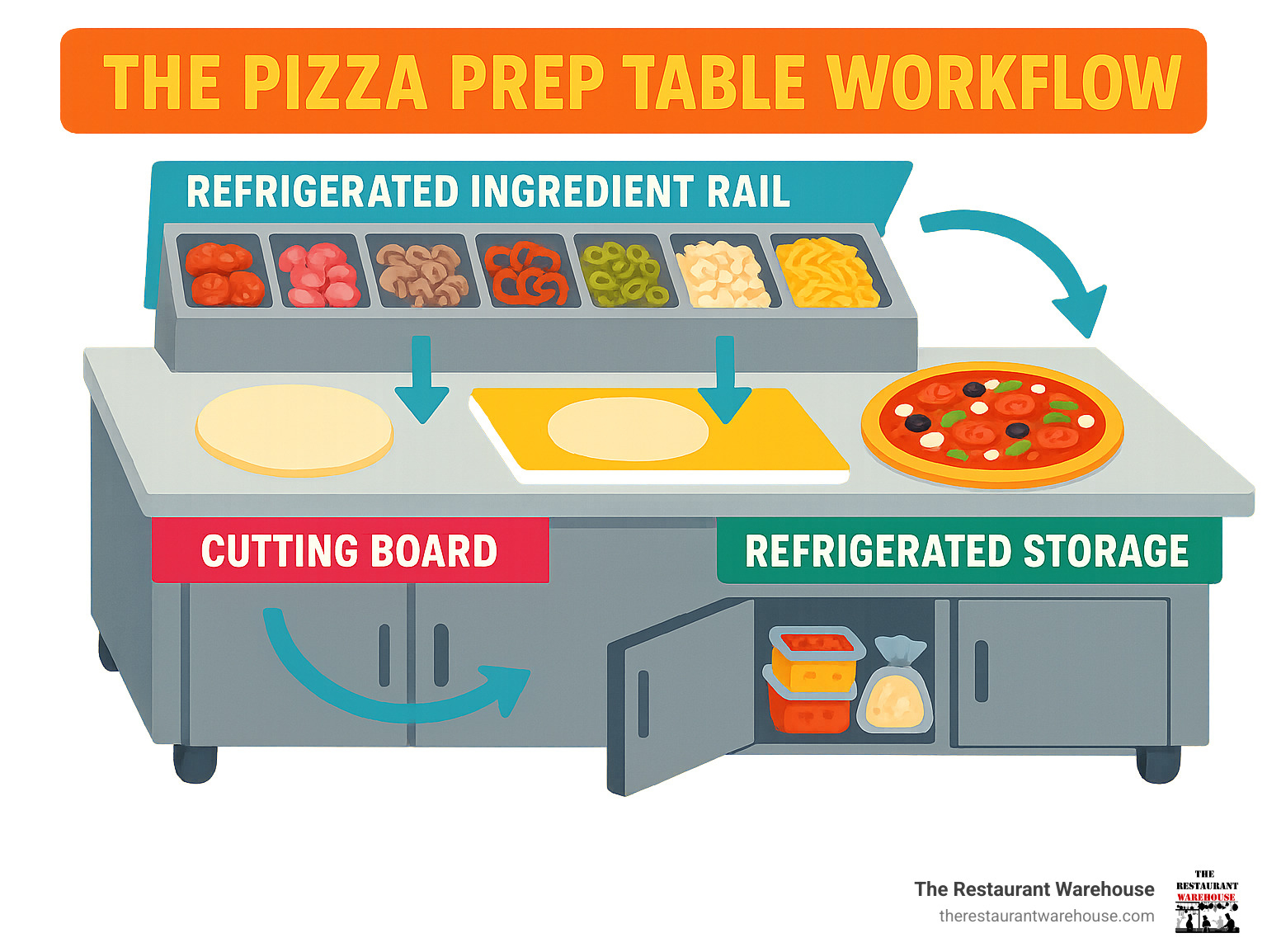 Infographic showing the complete pizza prep table workflow: refrigerated ingredient rail at top holding various toppings in pans, wide cutting board workspace in center for dough stretching and assembly, refrigerated storage compartments below for bulk ingredients, with arrows showing efficient movement from storage to assembly to finished pizza - what do you call pizza prep table infographic 