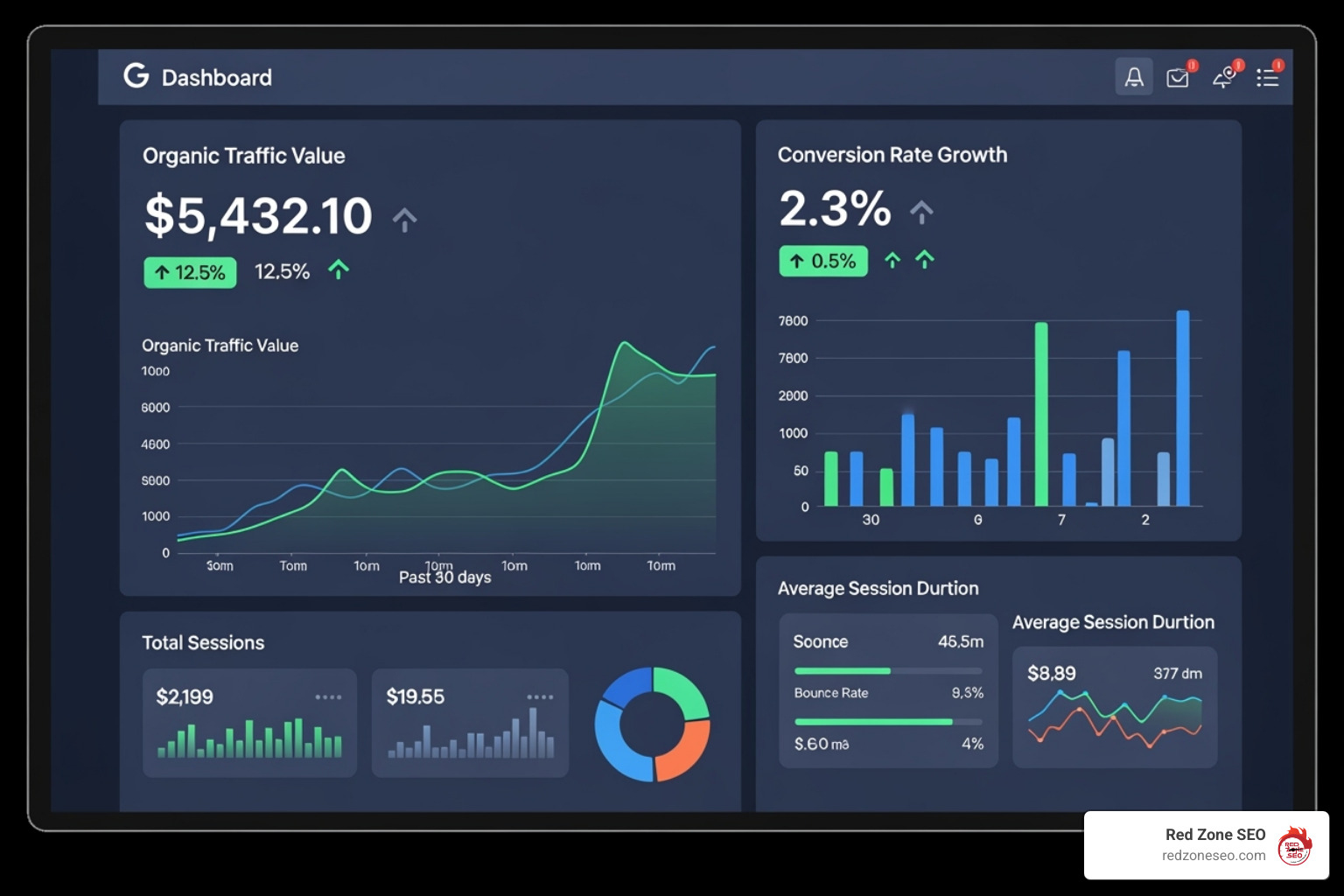 Dashboard section clearly showing "Organic Traffic Value" and "Conversion Rate Growth" - SEO data visualization