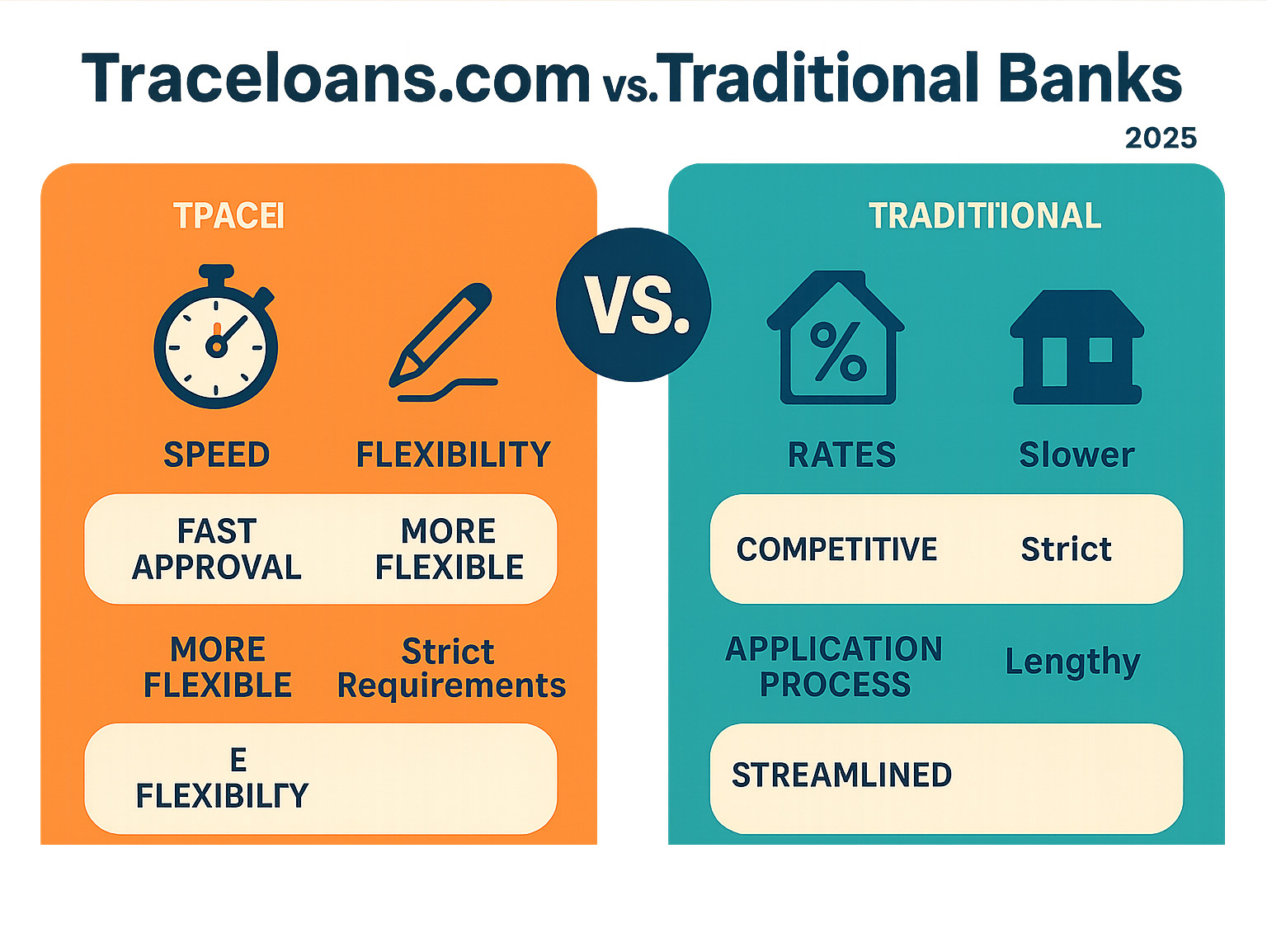 Infographic comparing Traceloans.com vs. Traditional Banks on speed, flexibility, rates, and application process -  traceloans.com mortgage loans infographic 