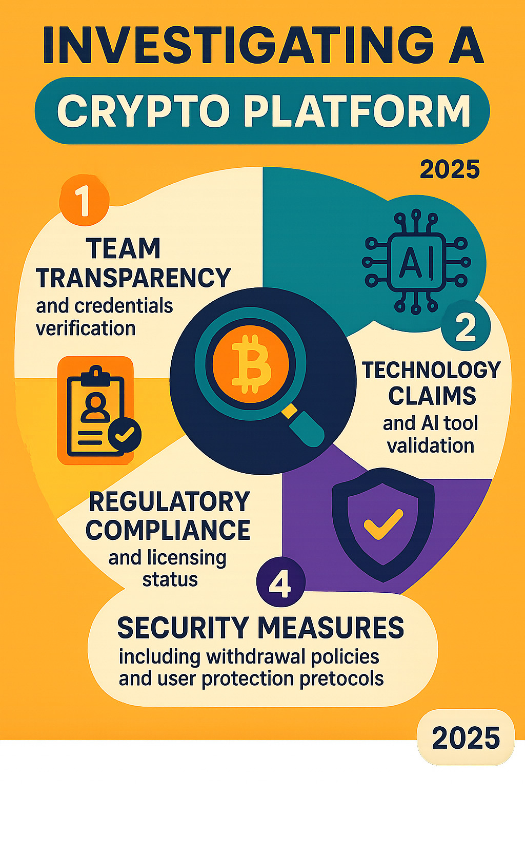Comprehensive infographic showing the four critical areas to investigate for any crypto platform: Team transparency and credentials verification, Technology claims and AI tool validation, Regulatory compliance and licensing status, and Security measures including withdrawal policies and user protection protocols - crypto30x.com ocean infographic 